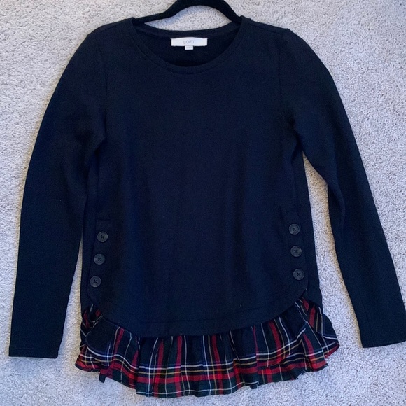 Loft Black Top with Plaid Ruffle Trim - Picture 3 of 8